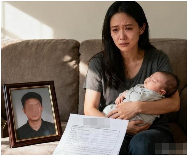 Chị Lưu ôm con nhỏ đi đòi quyền lợi. Ảnh minh họa.