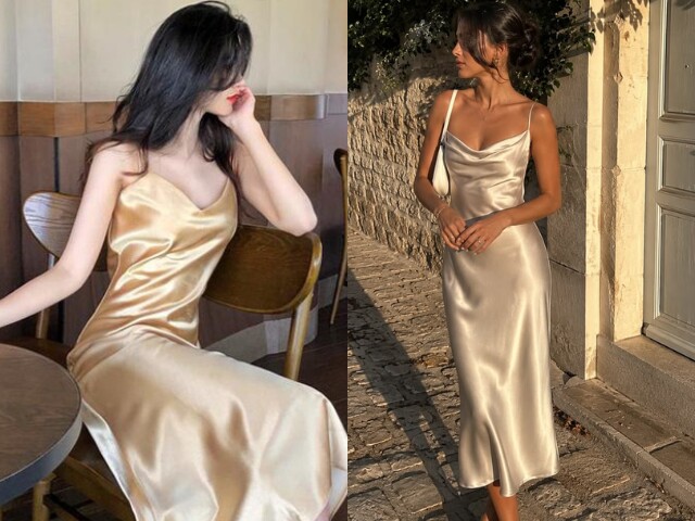 Váy lụa slip dress tôn nét quyến rũ, nữ tính. Chị em nên chọn thiết kế ôm vừa phải, phối blazer và giày cao gót quai mảnh để diện mạo thêm sang trọng, cuốn hút.