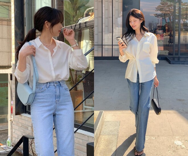 Sơ mi trắng phối quần jeans xanh là công thức kinh điển, giúp chị em trông trẻ trung, thanh lịch. Kết hợp cùng sneaker trắng hoặc giày loafer sẽ càng thêm chỉn chu.