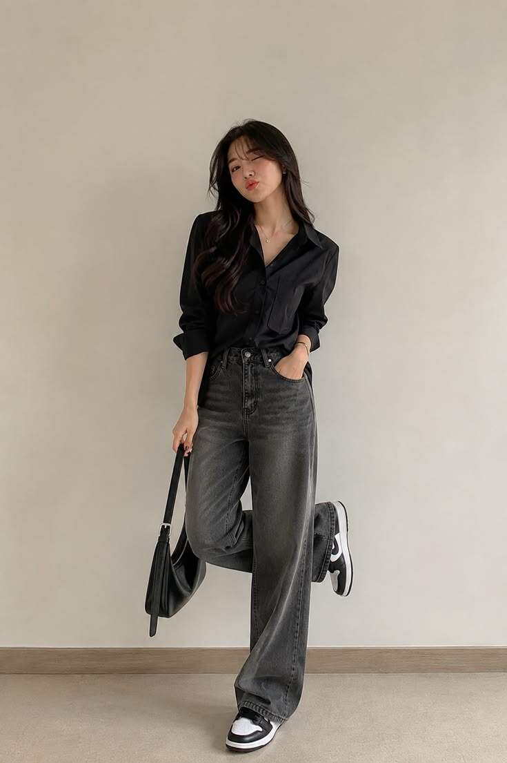 Sơ mi tối màu phối jeans đen tạo vẻ ngoài trưởng thành, sang trọng. Chị em có thể chọn áo nâu chocolate hoặc xanh navy, kết hợp giày mũi nhọn để outfit thêm thanh lịch.