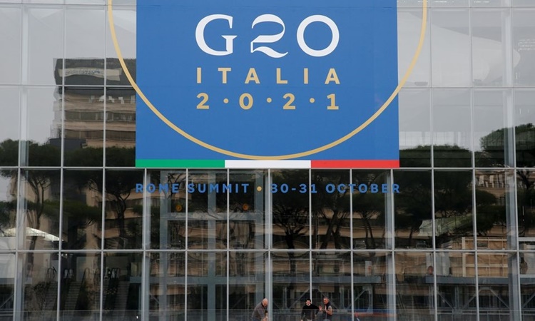 Bên ngoài Trung tâm Hội nghị Rome La Nuvola, nơi diễn ra các cuộc họp của G20 trong hai ngày 30 và 31/10. Ảnh: Reuters.