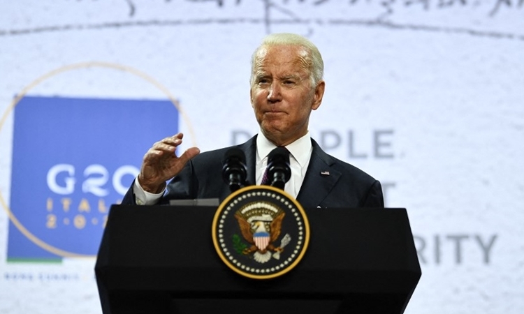 Tổng thống Mỹ Joe Biden phát biểu trong cuộc họp báo sau khi kết thúc hội nghị thượng đỉnh G20 tại Rome hôm 31/10. Ảnh: AFP.