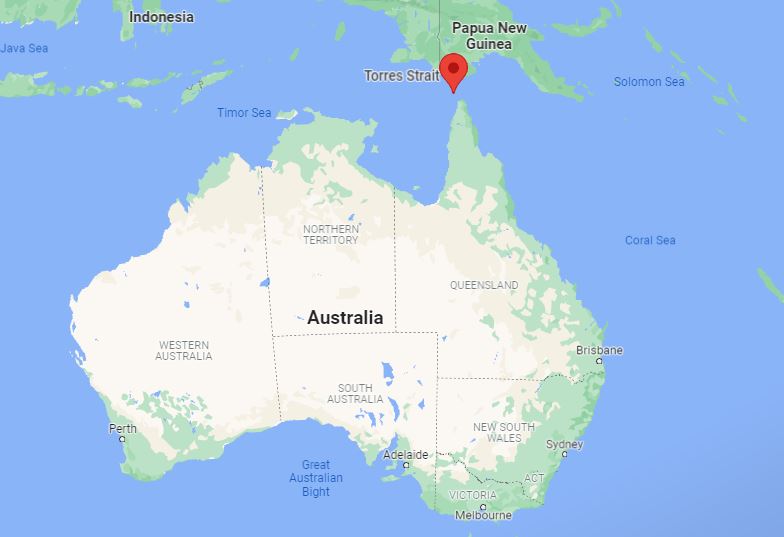 Vị trí eo biển Torres (dấu đỏ) nằm giữa Australia và Papua New Guinea. Ảnh: Google Maps.