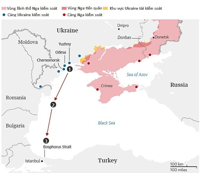 Hành lang an toàn được thiết lập theo thỏa thuận ngũ cốc Ukraine. Đồ họa: Guardian.