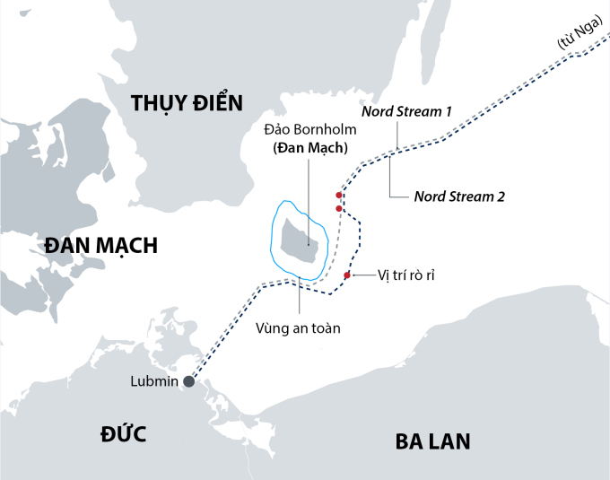 Vị trí rò rỉ trên đường ống Nord Stream 1 và Nord Stream 2. Đồ họa: DW.