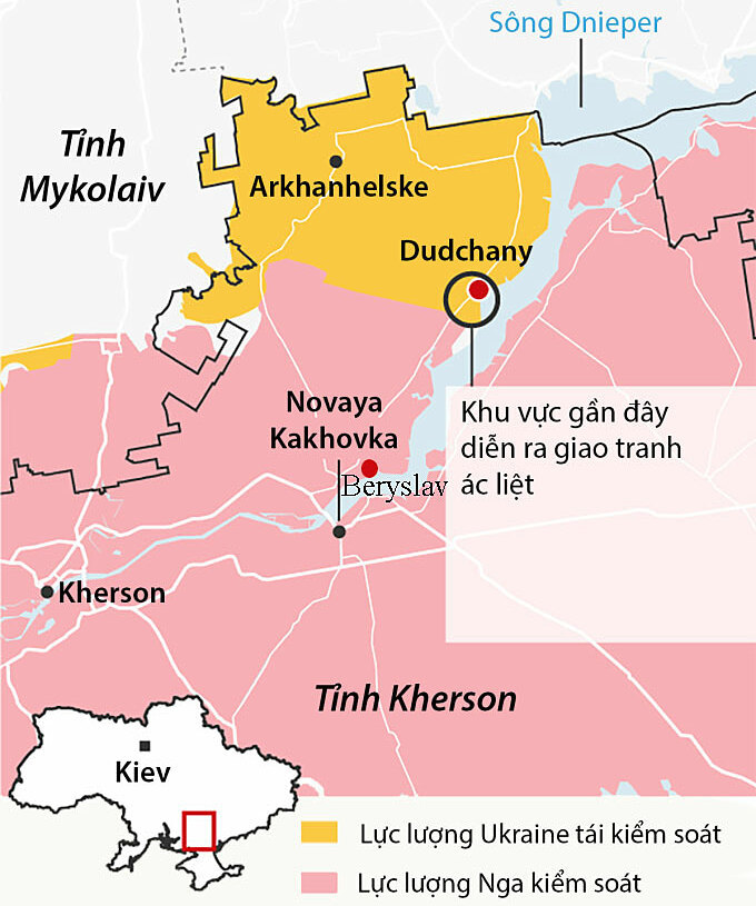 Cục diện chiến trường tại tỉnh Kherson, với Berryslav nằm gần sông Dnieper. Đồ họa: Guardian.