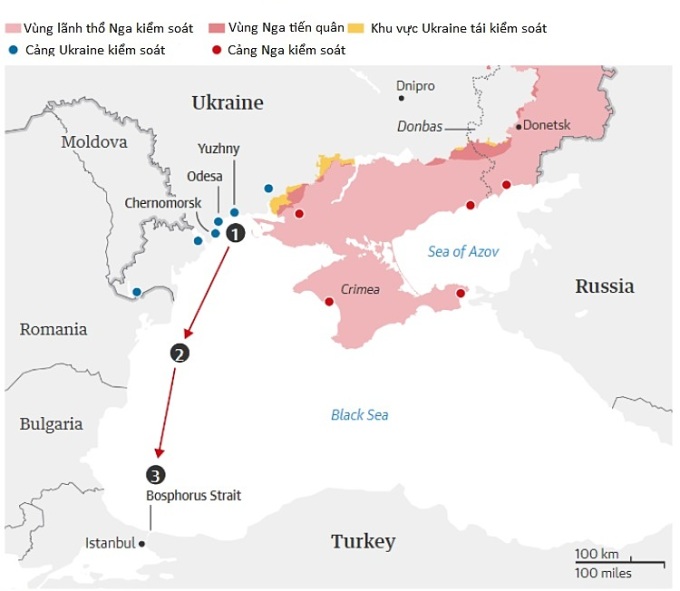 Hành lang an toàn được thiết lập theo thỏa thuận ngũ cốc Ukraine. Đồ họa: Guardian.