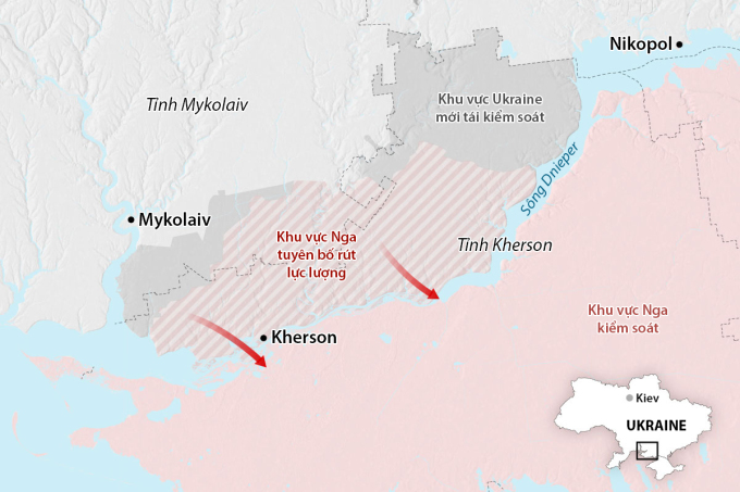 Cục diện chiến trường tỉnh Kherson sau khi Nga tuyên bố rút quân. Đồ họa: ISW.