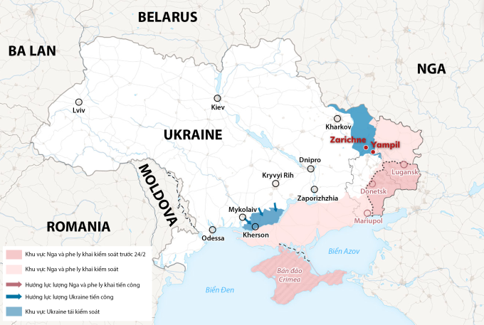 Vị trí làng Yampil, Zarichne và cục diện chiến trường Ukraine sau hơn 8 tháng giao tranh. Đồ họa: WP.