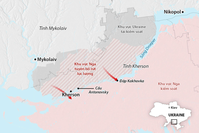Cục diện chiến trường tại tỉnh Kherson sau khi Nga rút quân. Đồ họa: WP.