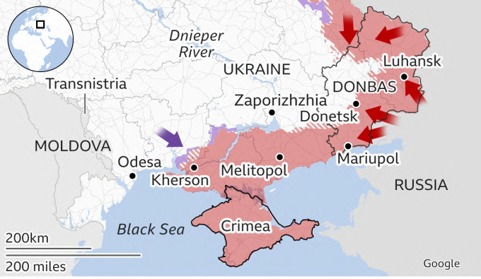 Vị trí thành phố Melitopol và sông Dnieper. Đồ họa: BBC.