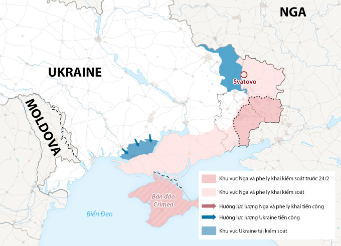 Vị trí thành phố Svatovo trên chiến tuyến ở đông bắc Ukraine. Đồ họa: WP.