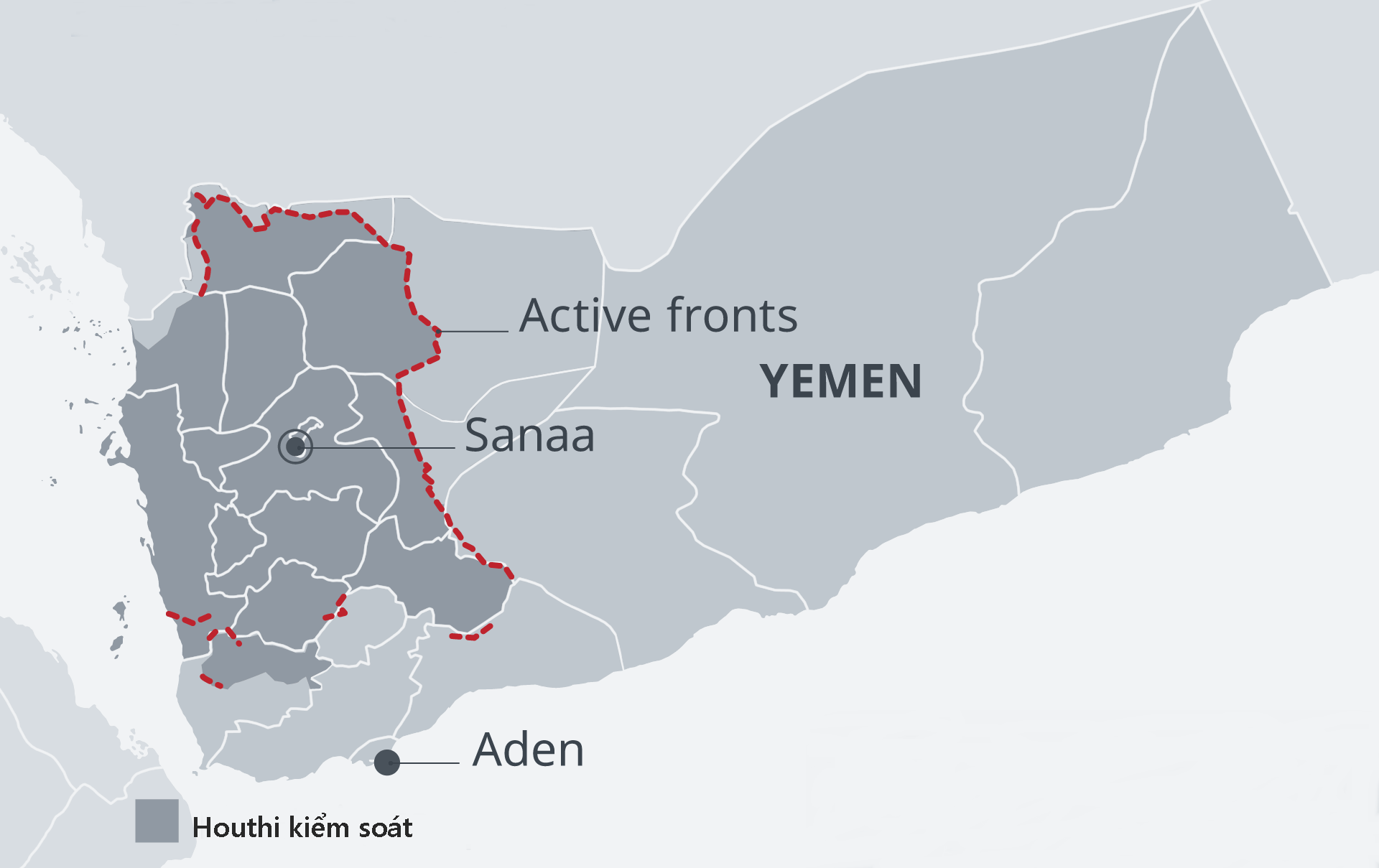 Khu vực Houthi kiểm soát ở Yemen. Đồ họa: DW