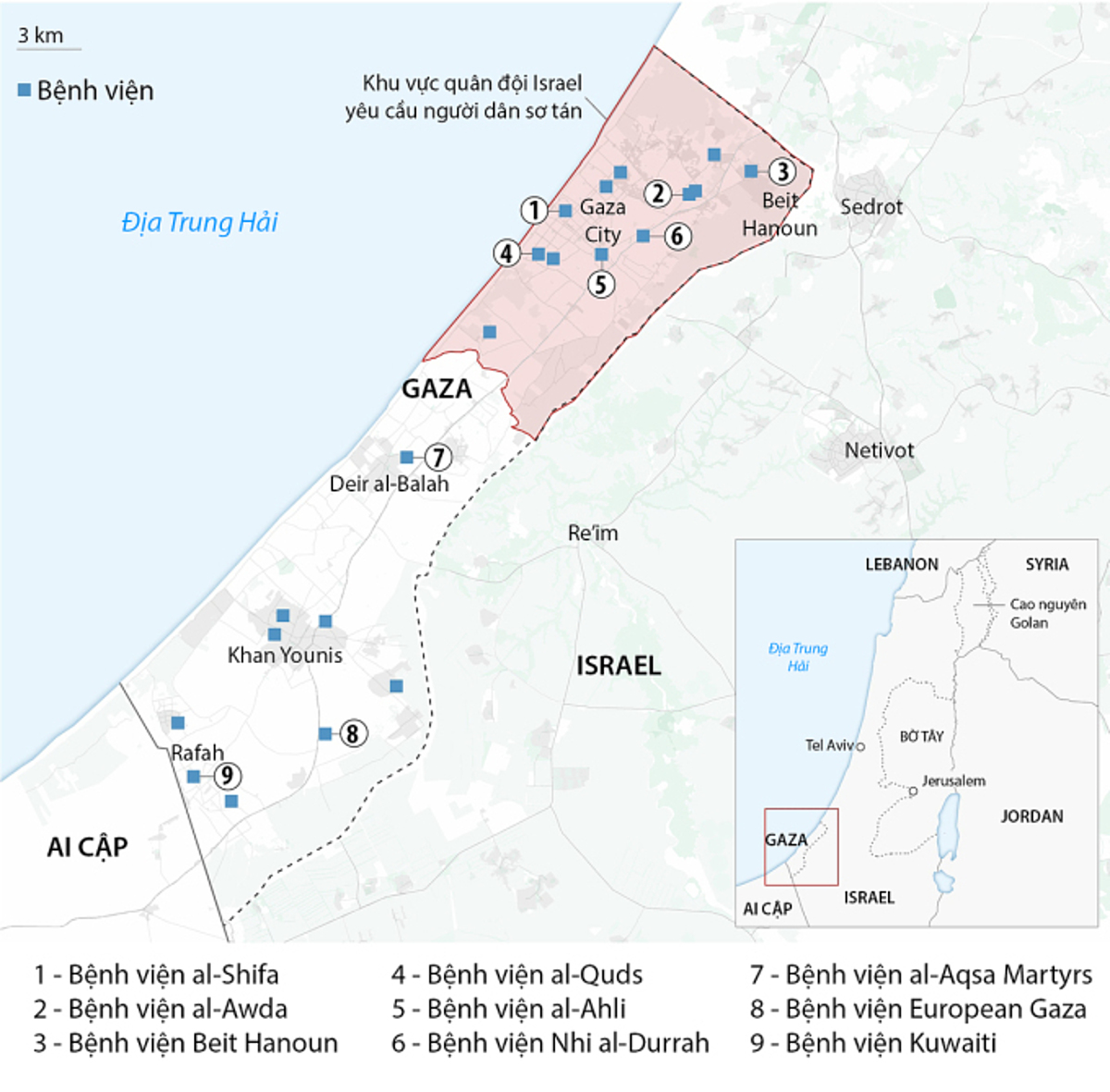 Vị trí các bệnh viện ở Dải Gaza. Đồ họa: CNN