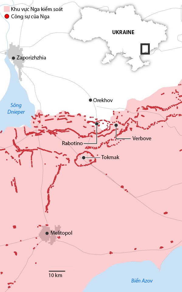 Cục diện chiến sự ở Zaporizhzhia tính đến tháng 11. Đồ họa: WSJ