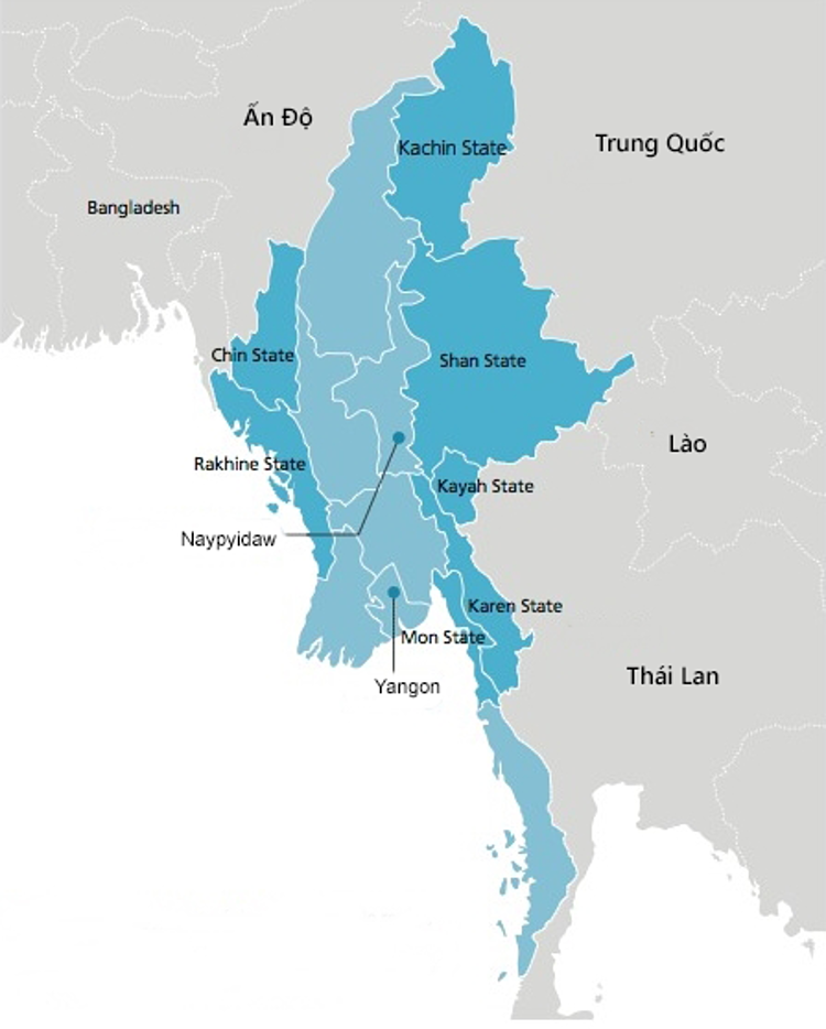 Vị trí các bang Shan, Kayah và Rakhine. Đồ họa: JWP