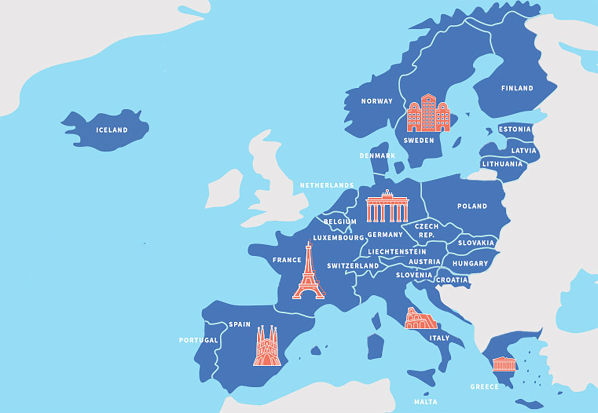 Các quốc gia thuộc khối Schengen. Đồ họa: AXA