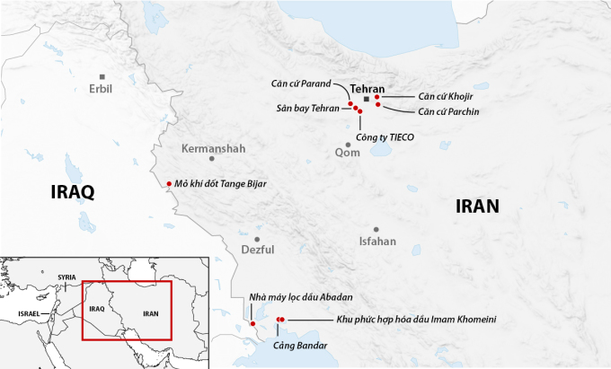 Vị trí các khu vực tại Iran có thể trúng đòn không kích của Israel ngày 26/10. Đồ họa: Guardian