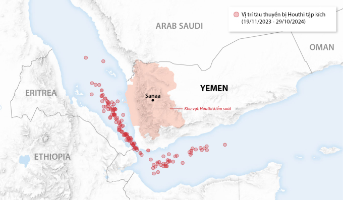 Vị trí tàu thuyền bị Houthi tập kích. Đồ họa: WSJ