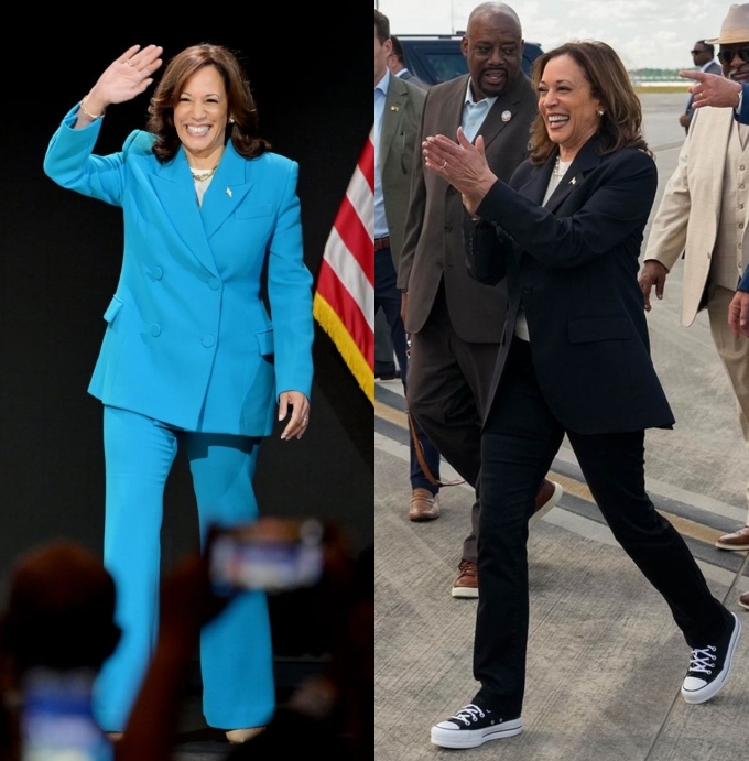 Bà Harris diện suit với giày cao gót hoặc sneakers khi vận động tranh cử. Ảnh: Instagram Kamala Harris