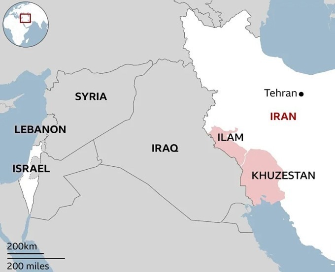 Vị trí Israel cùng ba khu vực bị nhắm mục tiêu ở Iran là thủ đô Tehran và tỉnh Khuzestan, Ilam. Đồ họa: BBC