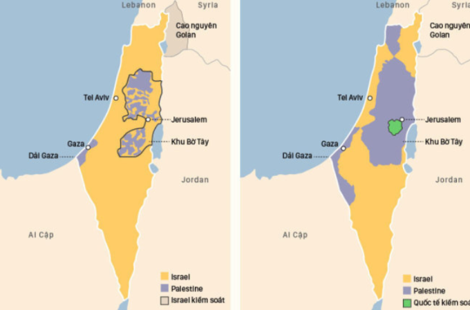 Lãnh thổ Israel - Palestine hiện nay (trái) và do Liên Hợp Quốc đề xuất. Đồ họa: Việt Chung