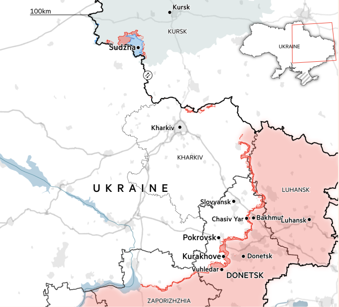 Cục diện mặt trận đông nam Ukraine và vùng Kursk ở Nga, với phần màu đỏ là những khu vực Nga đã kiểm soát. Đồ họa: FT