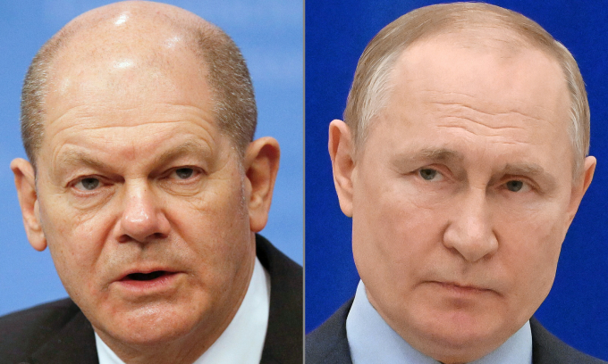 Thủ tướng Đức Olaf Scholz (trái) và Tổng thống Nga Vladimir Putin. Ảnh: AFP