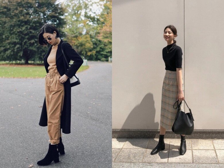 Khi kết hợp boots thấp cổ màu đen với áo đồng màu, quý cô sẽ tạo được sự thống nhất giữa thân trên và thân dưới, mang lại tổng thể hài hòa, sang trọng và thanh lịch.