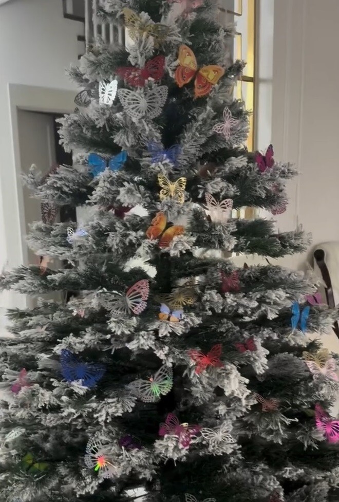 Trong nhà, cây thông đã được trang trí, chỉ cần thêm đèn nữa là lung linh. Cây thông phủ tuyết trắng trang trí bằng hàng loạt chú bướm cánh mỏng đủ sắc màu.