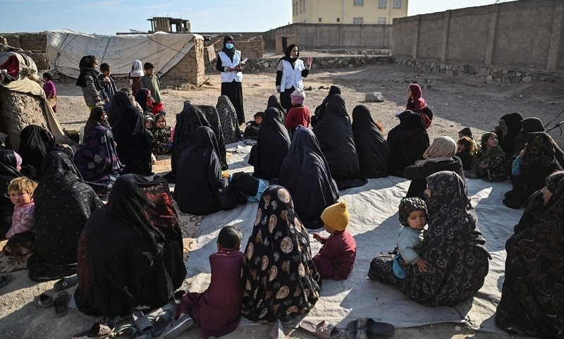 Nhân viên MSF trong buổi kiểm tra dinh dưỡng cho trẻ em trong một trại sơ tán ở ngoại ô Herat ngày 22/11. Ảnh: AFP
