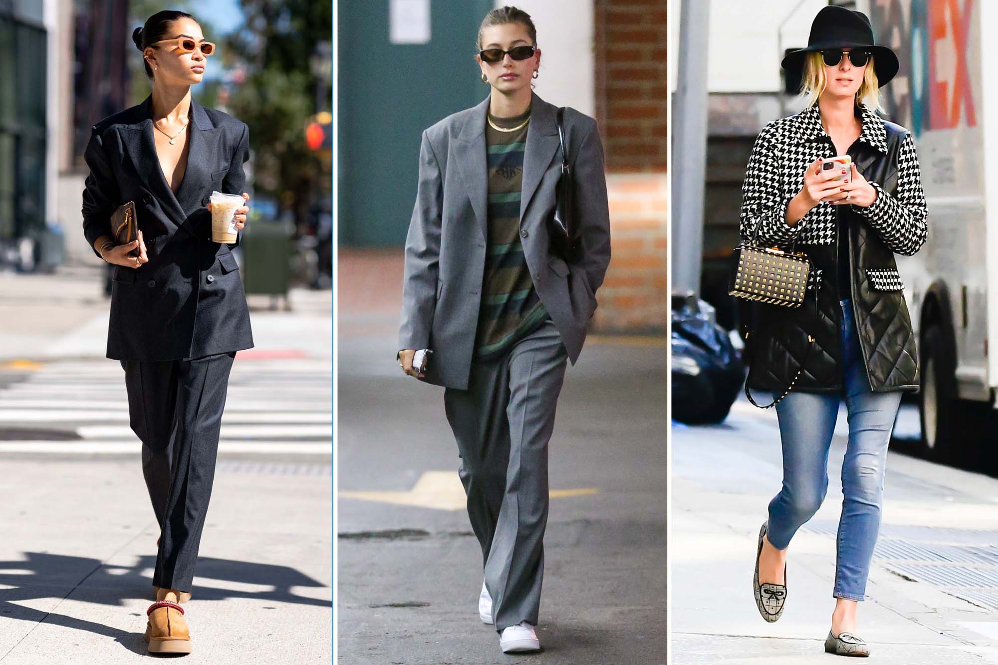 Từ trái sang: Shanina Shaik, Hailey Bieber và Nicki Hilton diện giầy thấp gót ra đường. Ảnh: New York Post.