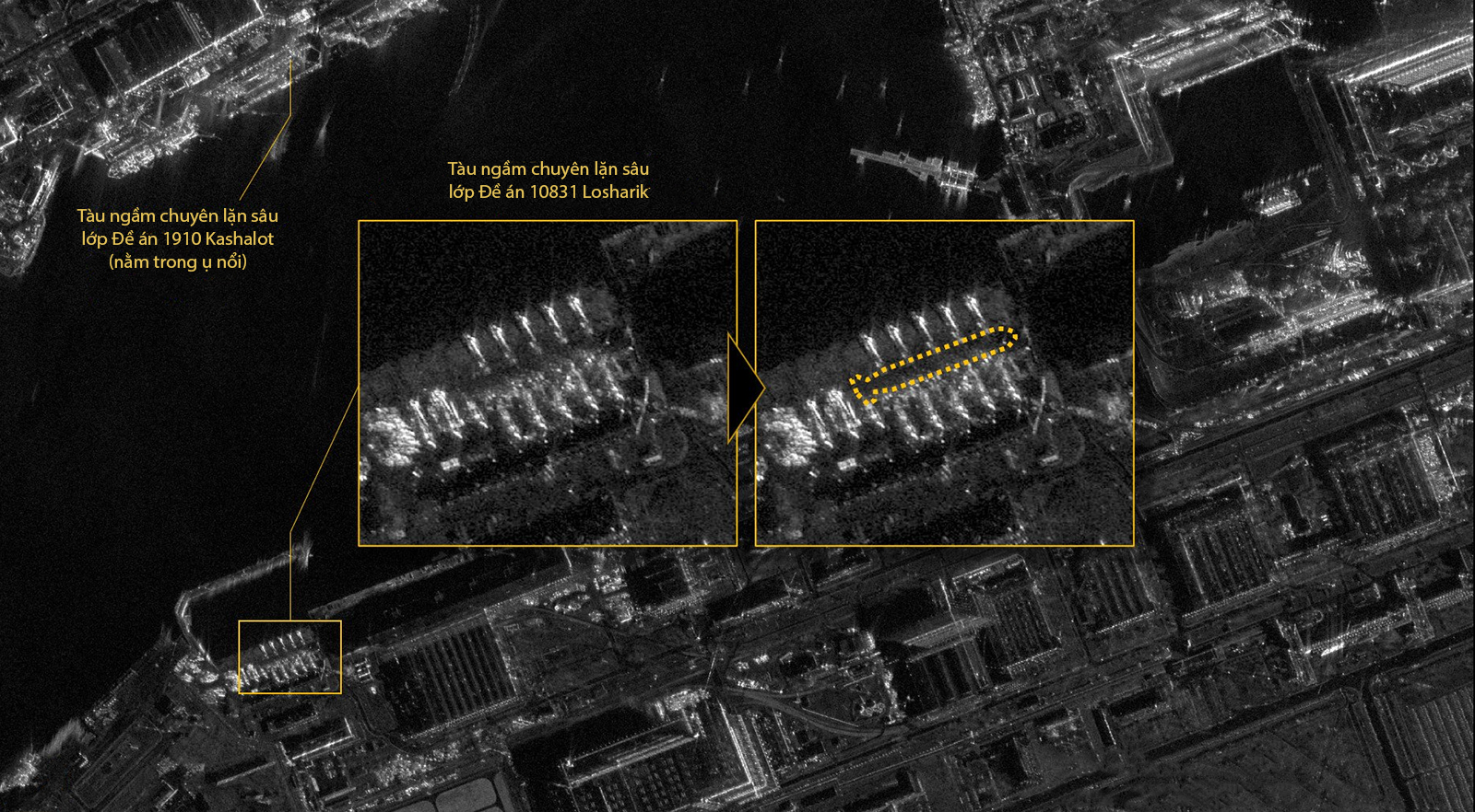 Tàu ngầm Losharik và Kashalot tại căn cứ hải quân Nga ở Severodvinsk ngày 16/11. Ảnh: Capella Space.