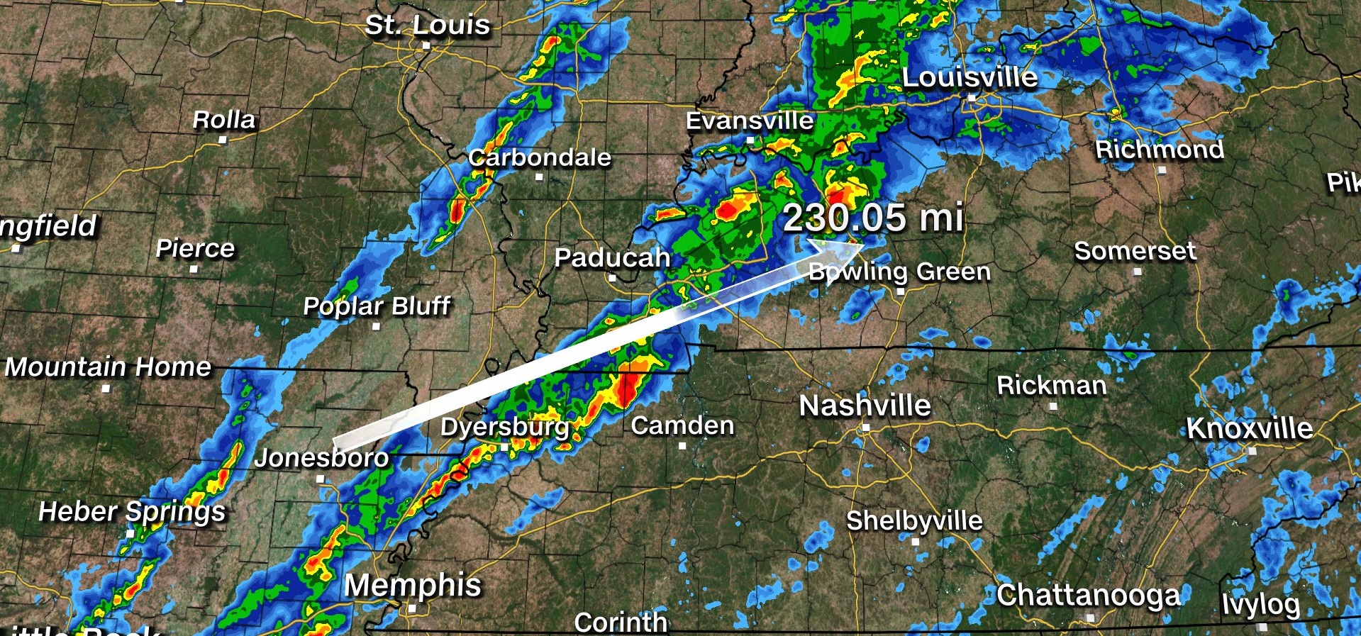 Trận lốc xoáy di chuyển hơn 370 km qua hai bang Arkansas và Kentucky. Đồ họa: CNN.