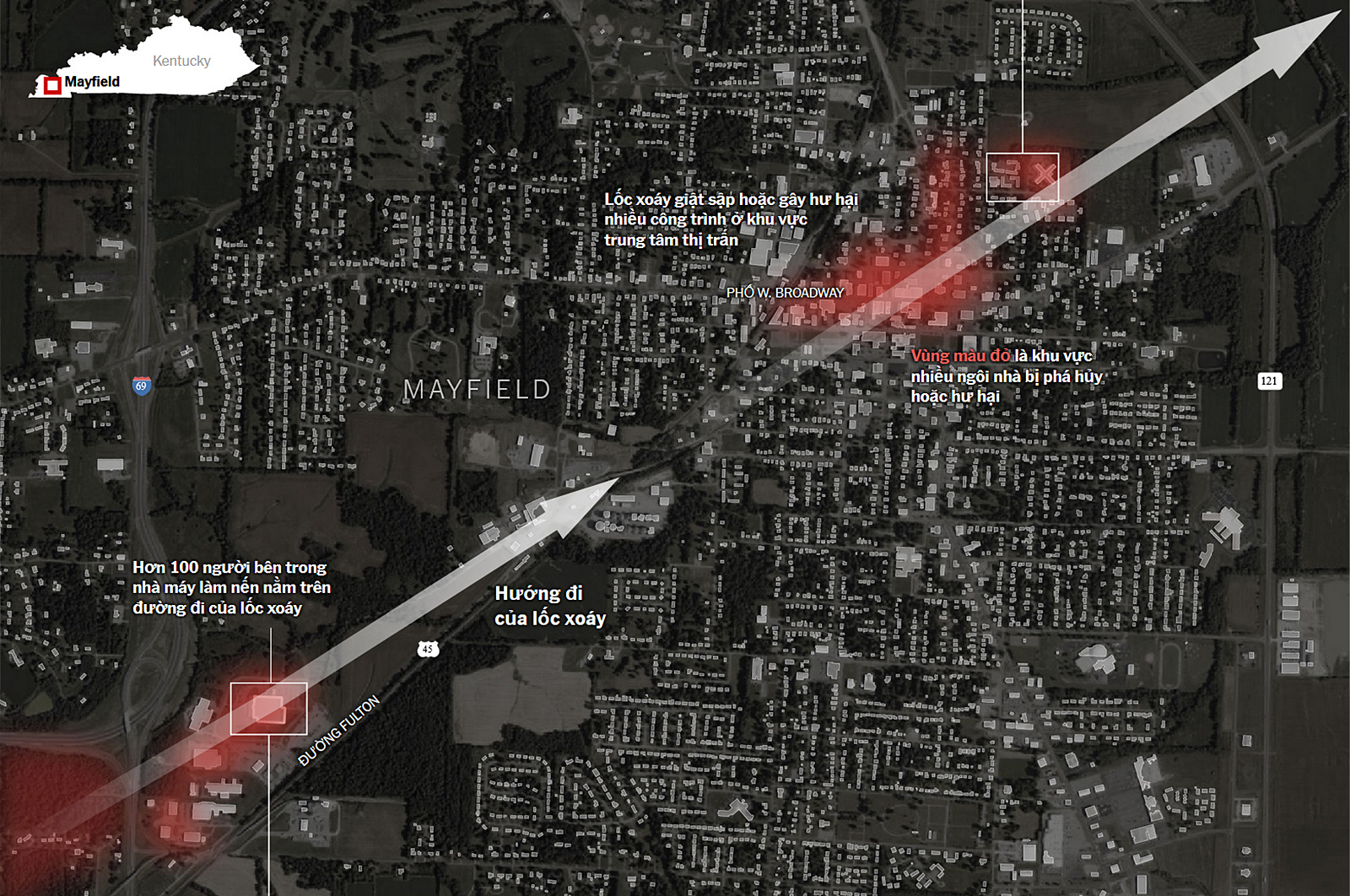 Vệt hủy diệt của trận lốc xoáy ở thị trấn Mayfield đêm 10/12. Bấm vào ảnh để xem chi tiết.