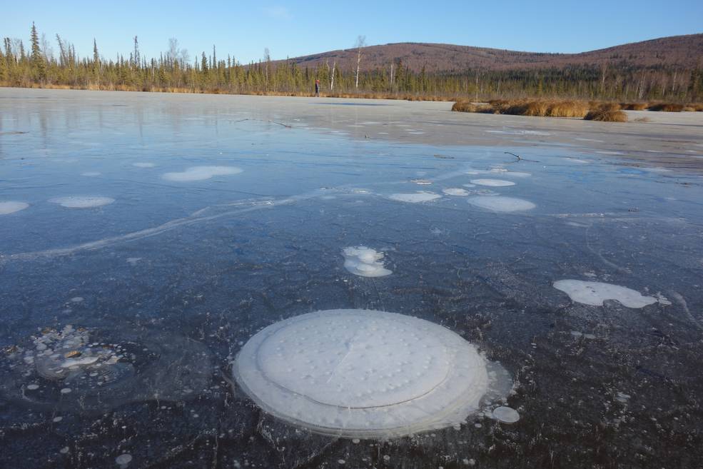 Bóng khí metane hình thành khi băng vĩnh cửu tan chảy ở khu vực Alaska gần Bắc Cực. Ảnh: Đại học Fairbanks Alaska