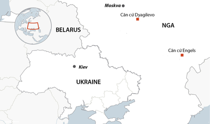 Vị trí hai căn cứ không quân Dyagilevo và Engels của Nga. Đồ họa: AP.