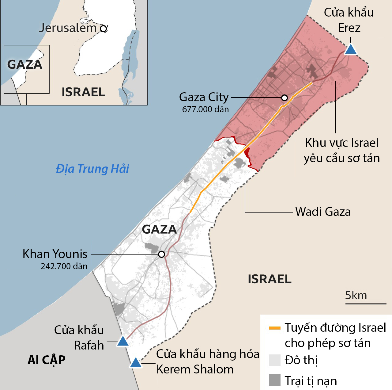 Vị trí Khan Younis và khu vực quân đội Israel yêu cầu sơ tán ở miền bắc Dải Gaza. Đồ họa: BBC