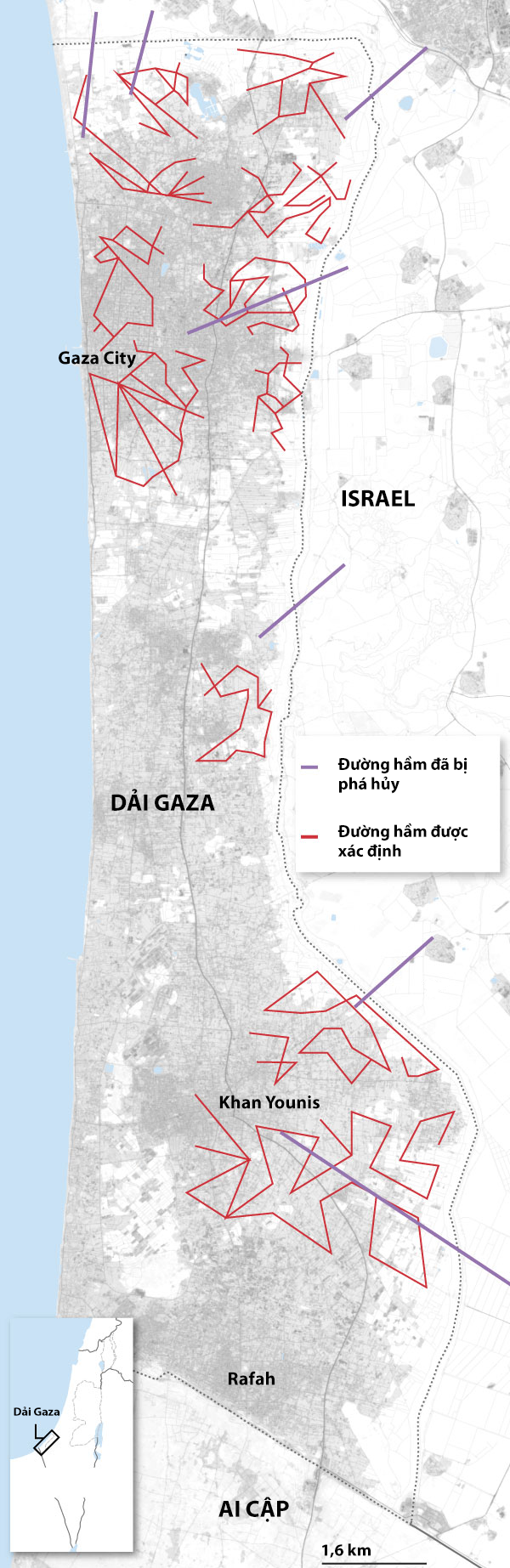 Hệ thống địa đạo tại Dải Gaza. Đồ họa: WSJ