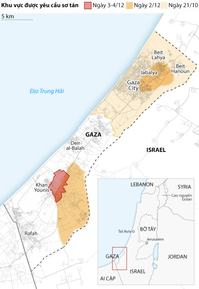 Vị trí các đô thị tại Dải Gaza và vùng sơ tán do Israel chỉ định. Đồ họa: CNN
