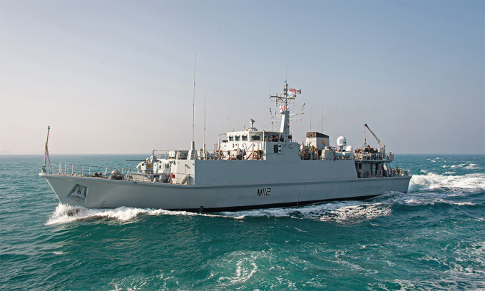 Tàu săn mìn HMS Shoreham ở ngoài khơi bờ biển  Bahrain tháng 1/2021. Ảnh: BQP Anh