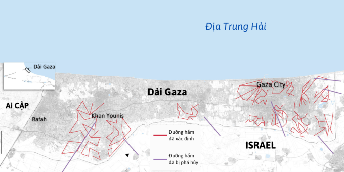 Hệ thống địa đạo đã bị phát hiện và phá hủy tại Dải Gaza. Đồ họa: WSJ