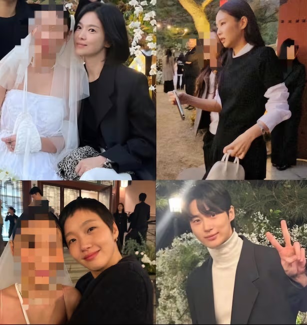 Ca sĩ Jennie (Black Pink), diễn viên Song Hye-kyo, Byun Woo-seok và Kim Go-eun đều mặc đồ tối màu đến dự đám cưới của một người bạn đầu tháng 11 tại Seoul. Ảnh: T.C/Instagram