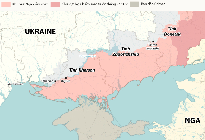 Vị trí thành phố Kherson và làng Krynki. Đồ họa: RYV