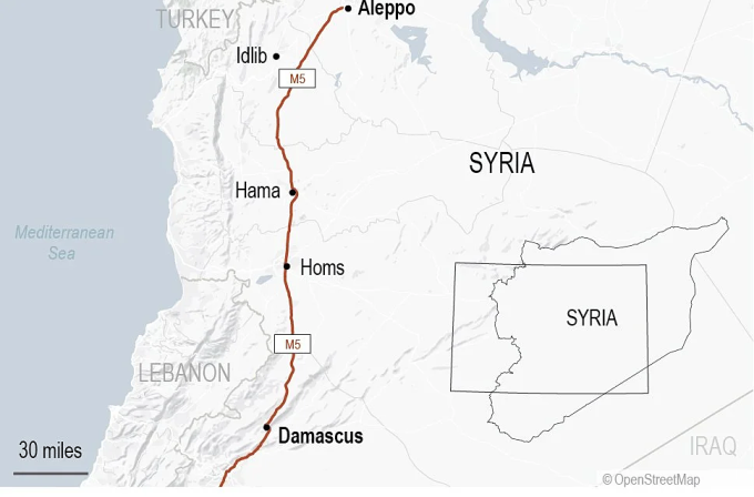 Tuyến cao tốc M5 nối Aleppo với Hama, Homs và Damascus. Đồ họa: AP