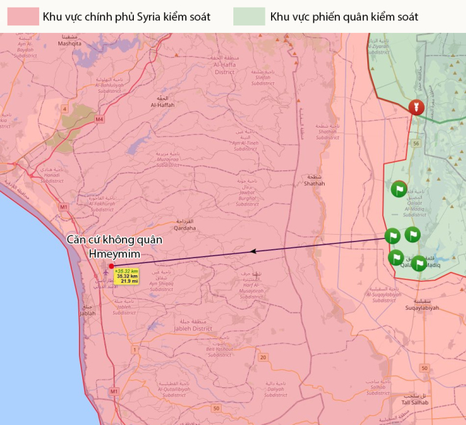 Vị trí căn cứ Hmeymim trong vùng quân chính phủ kiểm soát. Đồ họa: OSINT