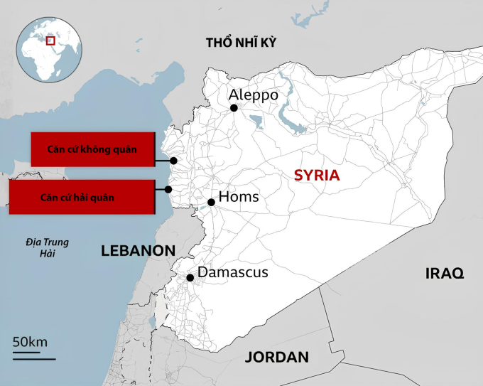 Vị trí căn cứ hải quân và không quân của Nga tại Syria. Đồ họa: BBC