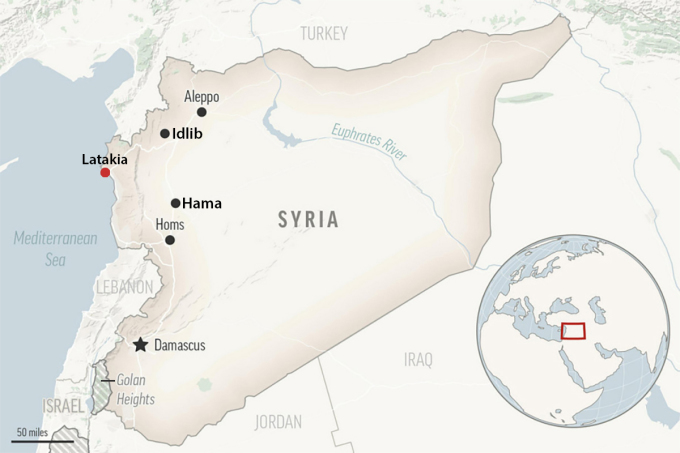 Vị trí thành phố Latakia thuộc tỉnh cùng tên của Syria. Đồ họa: AFP