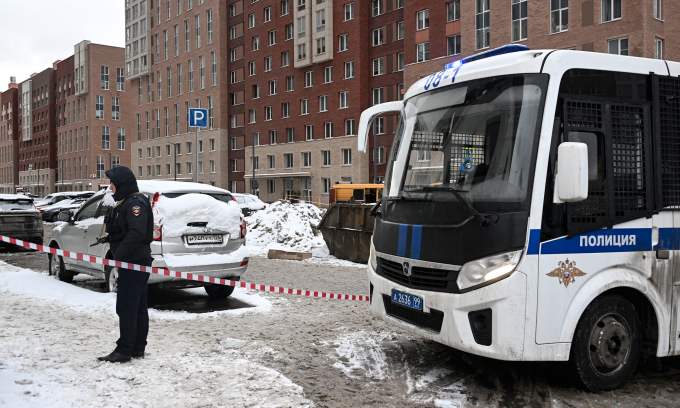 Hiện trường vụ nổ khiến tướng Kirillov và trợ lý thiệt mạng.hôm 18/12. Ảnh: AFP