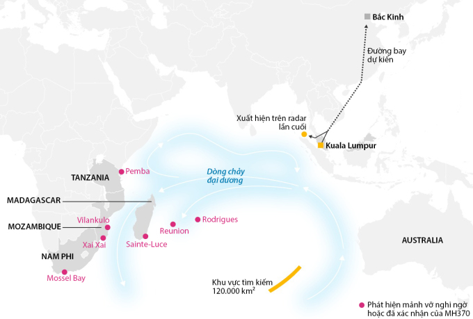 Vị trí các mảnh vỡ MH370, đường bay của máy bay  và khu vực tìm kiếm ban đầu ở Ấn Độ Dương vào năm 2014. Đồ họa: Guardian